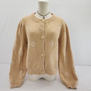 Lush Beige Dreaming of Daisies Floral‎ Embroidered Knit Cardigan Sweater